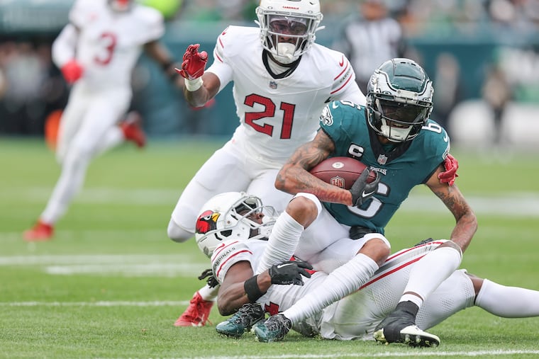 Eagles wide receiver DeVonta Smith had three catches for 30 yards against the Cardinals on Sunday.