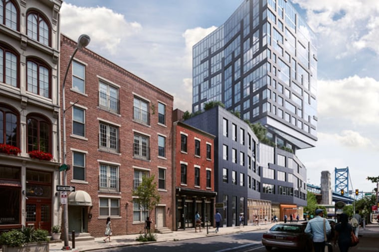 Brown Hill plans a 17-story apartment tower beside the Ben Franklin Bridge in Old City, where it may help link the Delaware River waterfront with the rest of central Philadelphia. (Credit: Volley Studio)