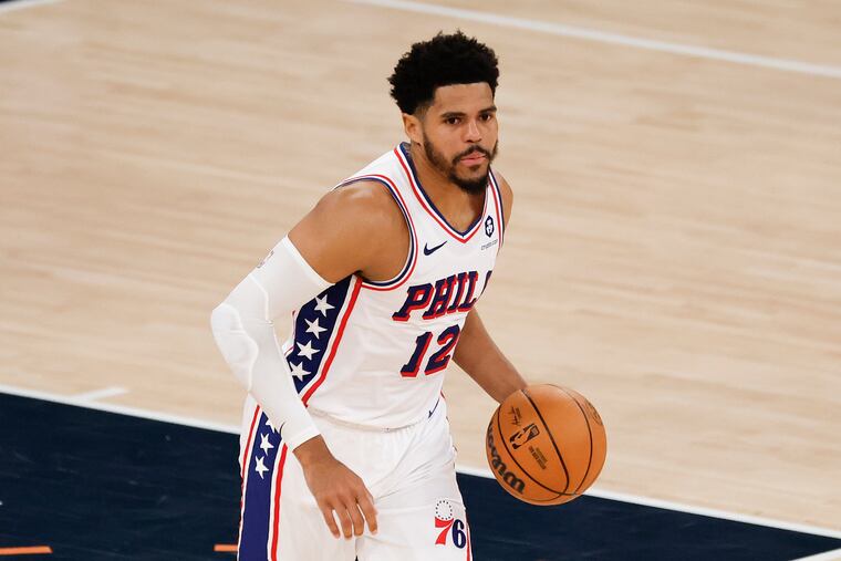 Sixers forward Tobias Harris dribbles the basketball against the New York Knicks during Game 5 of the first round NBA Eastern Conference playoffs at Madison Square Garden in New York on Tuesday, April 30, 2024.