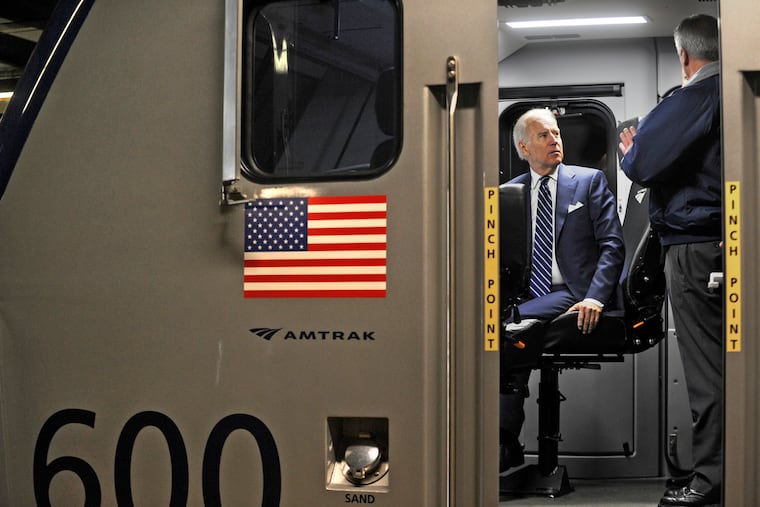 Joe Biden, then vice president, sitting at the controls inside Amtrak's "Cities Sprinter" locomotive February 6, 2014. Now that his campaign has announced its headquarters will be in Philadelphia, could he become SEPTA's newest commuter?