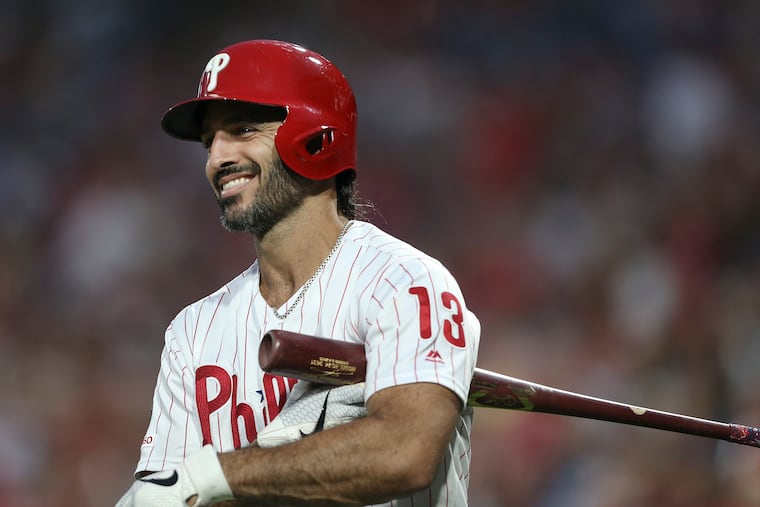 Phillies' Sean Rodriguez smiles as the home town fans boo him before he bats against the Pirates during the 2nd inning at Citizens Bank Park in Philadelphia, Tuesday, August 27, 2019 Rodriguez was hit by the first pitch for Pirates pitcher Steven Brault. Rodriguez was booed because of comments he made about the fans from last night's game.