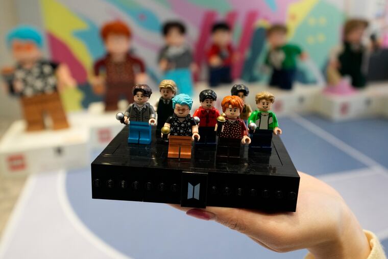 A LEGO set made of its blocks featuring K-pop band BTS, is shown during a publicity event at a store in Seoul, South Korea, in March.