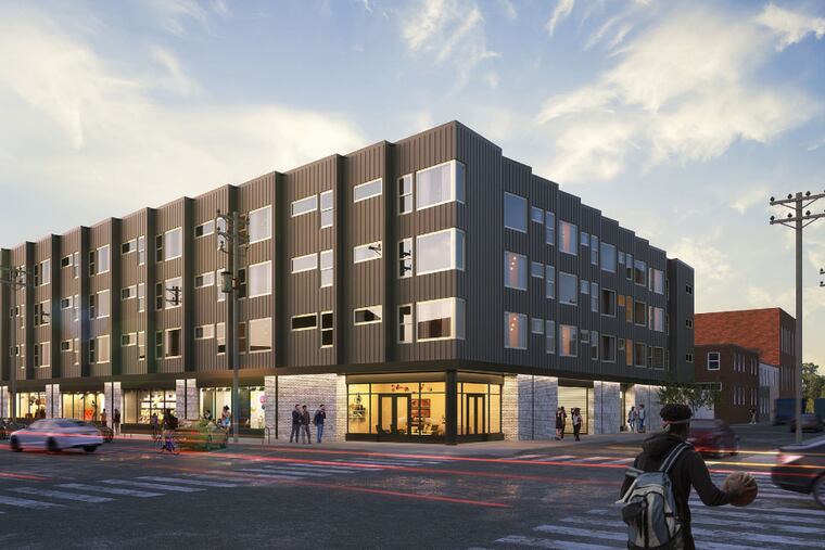A rendering of the apartment building planned for 2525 E. York St., looking northwest, on the site of the former Philadelphia Beer Co.