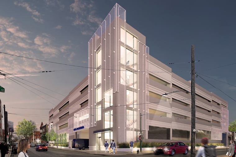 A rendering of the proposed parking garage as seen from 41st and Filbert Streets.