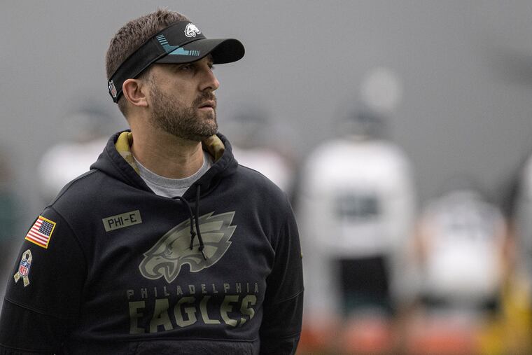 Philadelphia Eagles' head coach, Nick Sirianni looks on during NFL rookie football minicamp, Friday, May 6, 2022, in Philadelphia.