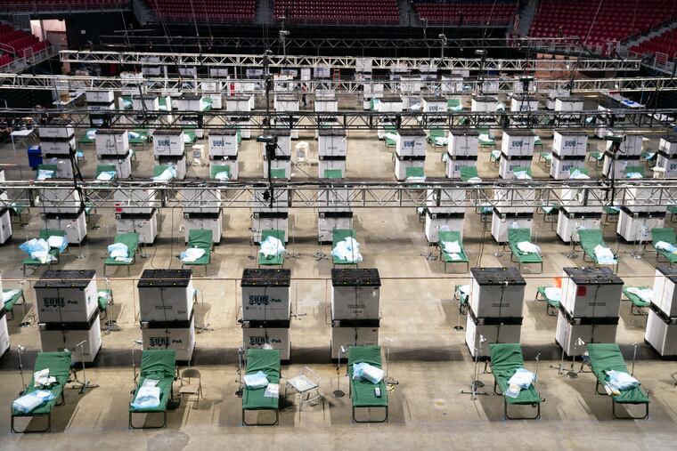 The coronavirus facility at the Liacouras Center as it was being set up.