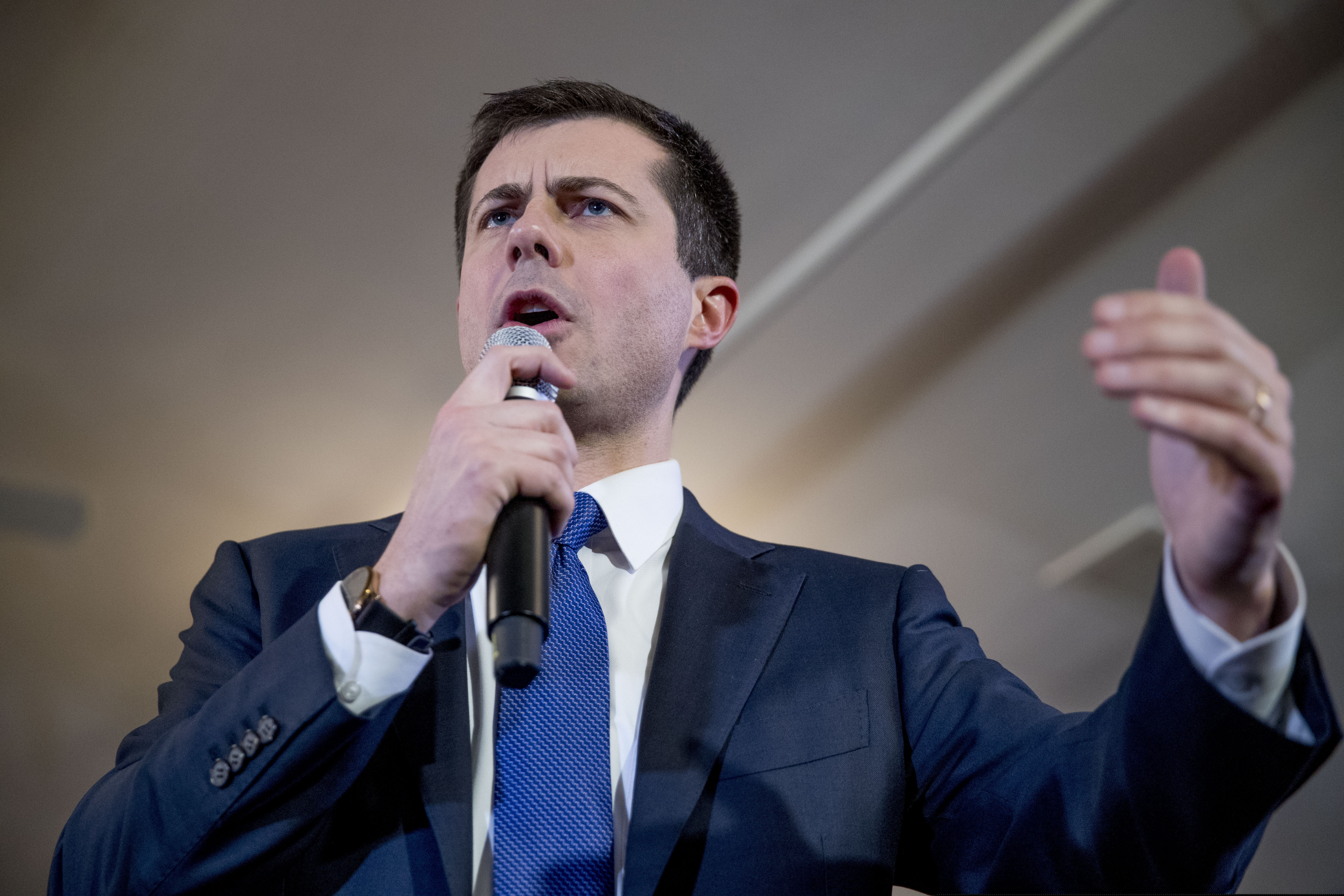 Democratic presidential candidate former South Bend, Ind., Mayor Pete Buttigieg speaks at a campaign stop at the Merrimack American Legion, Thursday, Feb. 6, 2020, in Merrimack, N.H.