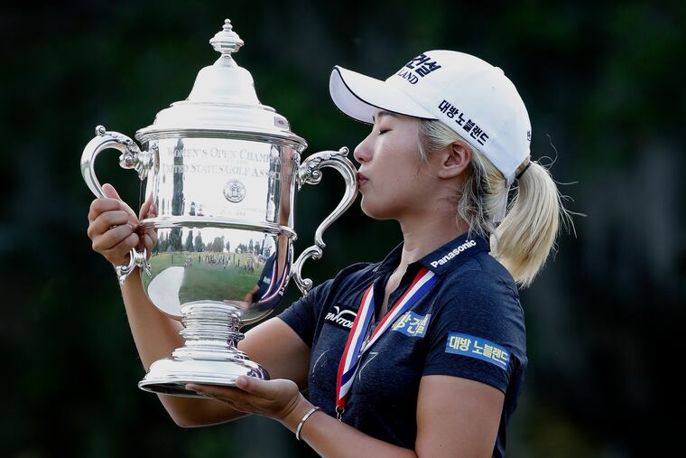 Jeongeun Lee6 of South Korea kisses the championship trophy after winning the final round of the U.S. Women's Open on Sunday in Charleston, S.C.