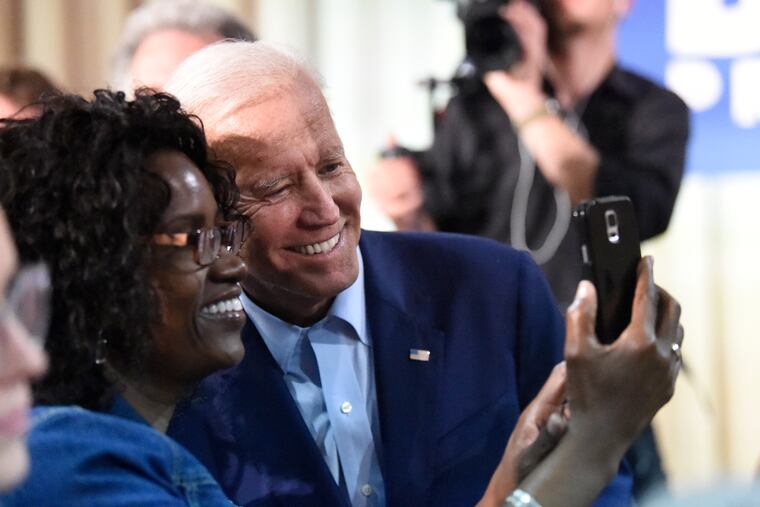 Former Vice President Joe Biden takes selfie photos with supporters after a speech on Saturday, July 6, 2019, in Orangeburg, S.C. (AP Photo/Meg Kinnard)