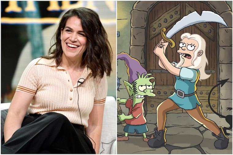 Abbi Jacobson (left) at a Netflix session at the Television Critics Association's summer meetings in Beverly Hill, and her character, Princess Bean, brandishing a sword, in a scene from Matt Groening's new animated series "Disenchantment," which premieres Aug. 17 on Netflix
