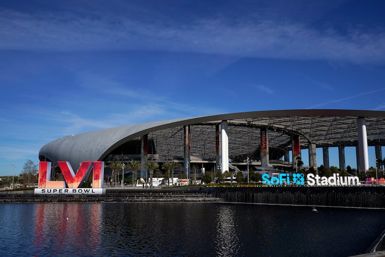 The exterior of SoFi Stadium in Inglewood, Calif., where the Los Angeles Rams will play the Cincinnati Bengals in Super Bowl LVI today.