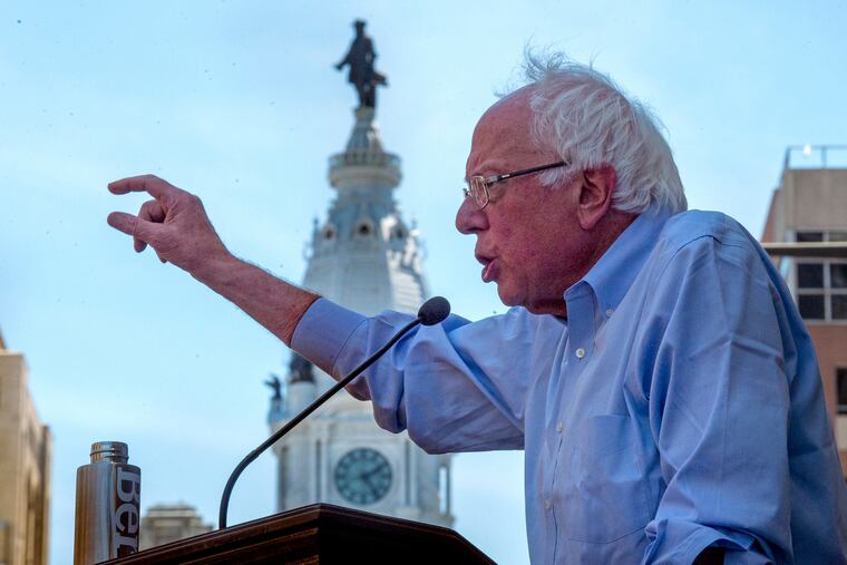 Sen. Bernie Sanders speaking at a 2019 rally at Hahnemann University Hospital. He will be back in Philadelphia on Saturday to rally for workers' rights.
