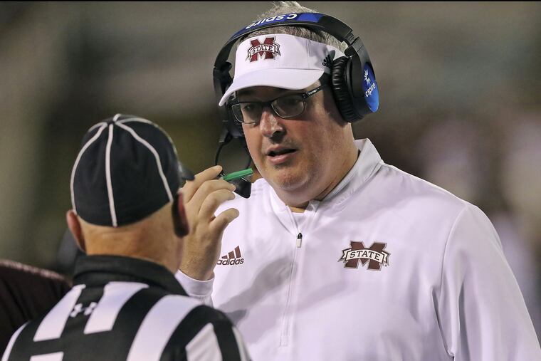Mississippi State head coach and former Penn State offensive coordinator Joe Moorhead talking to an official during a game against Louisiana-Lafayette on Sept. 15.