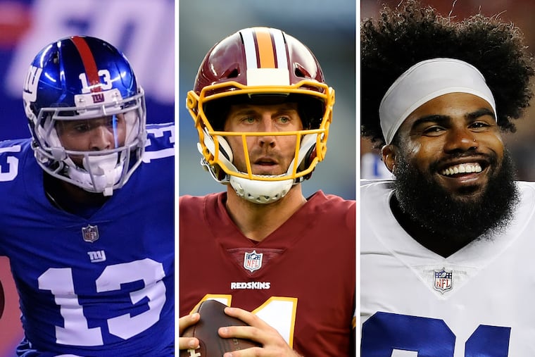 It's not likely Odell Beckham's Giants (left), Alex Smith's Redskins or Ezekiel Elliott's Cowboys will challenge the Eagles.