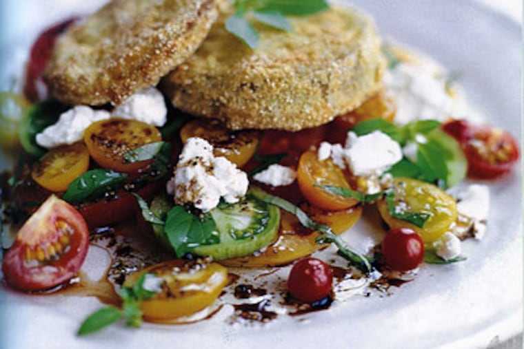 Fried Green Tomato and Red Tomato Salad With Goat Cheese and Basil Vinaigrette. (From "Fresh Every Day")