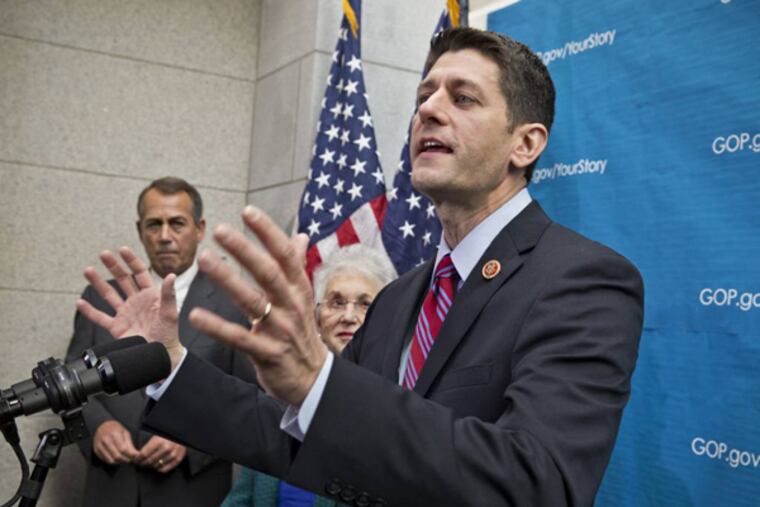 House Budget Committee Chairman Rep. Paul Ryan, R-Wis., right, accompanied by House Speaker John Boehner of Ohio, left, and Rep. Virginia Foxx, R-N.C., answers reporters questions during a news conference on Capitol Hill in Washington, Wednesday, Dec. 11, 2013, as House Republicans signaled support for a budget deal he worked out yesterday with Senate Budget Committee Chair Sen. Patty Murray, D-Wash. The budget deal was one of a few major measures left on Congress' to-do list near the end of a bruising year that has produced a partial government shutdown, a flirtation with a first-ever federal default and gridlock on President Obama's agenda. (AP Photo/J. Scott Applewhite)