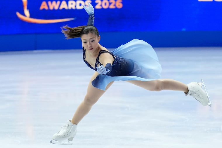 Kaori Sakamoto from Japan skates during the women's short program at the Figure Skating World Championships in Prague, Czech Republic, Wednesday, March 25, 2026. (AP Photo/Petr David Josek)