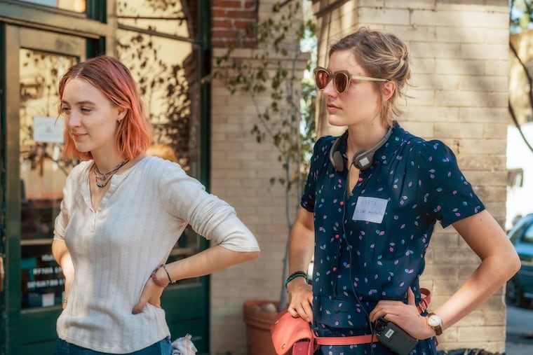 Director Greta Gerwig (right) with Saoirse Ronan on the set of “Lady Bird.”