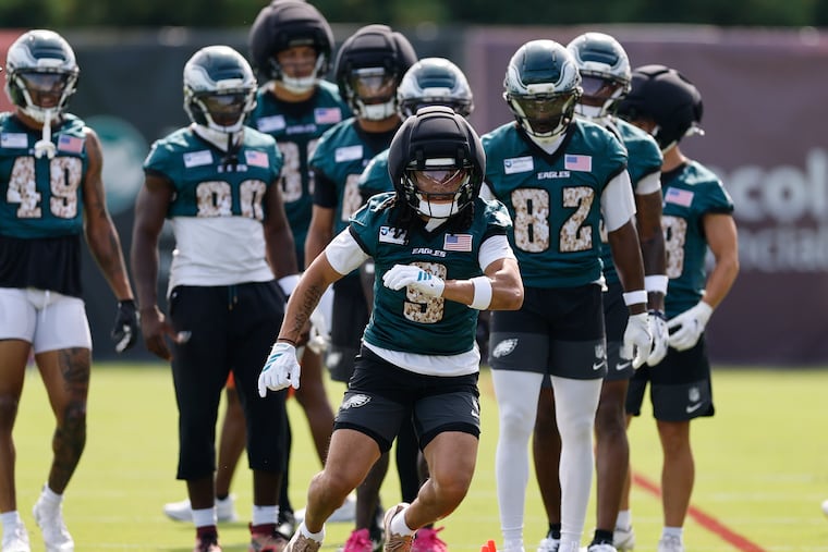 Eagles rookie wide receiver Makai Lemon runs drills during training camp on Saturday at Jefferson Health Training Complex.