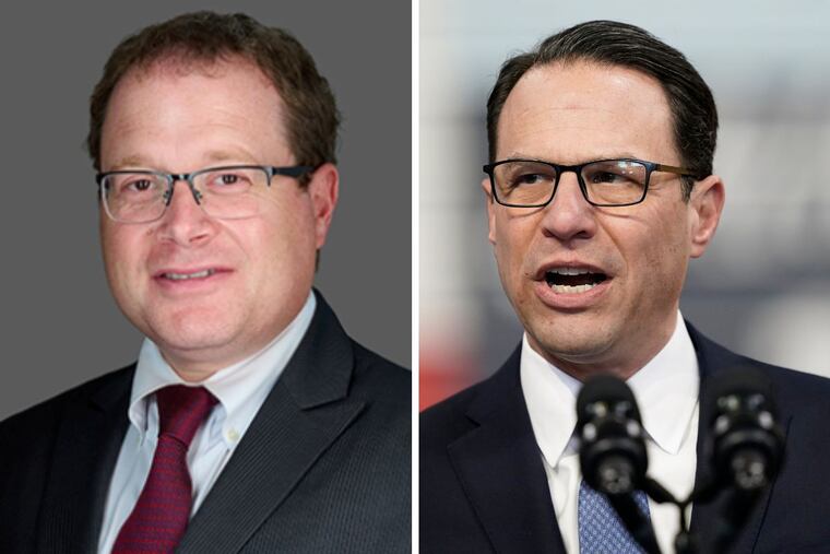 Gregory C. Thall (left) was appointed to chair the State Employee Retirement System board earlier this month by Pennsylvania Gov. Josh Shapiro (right).
