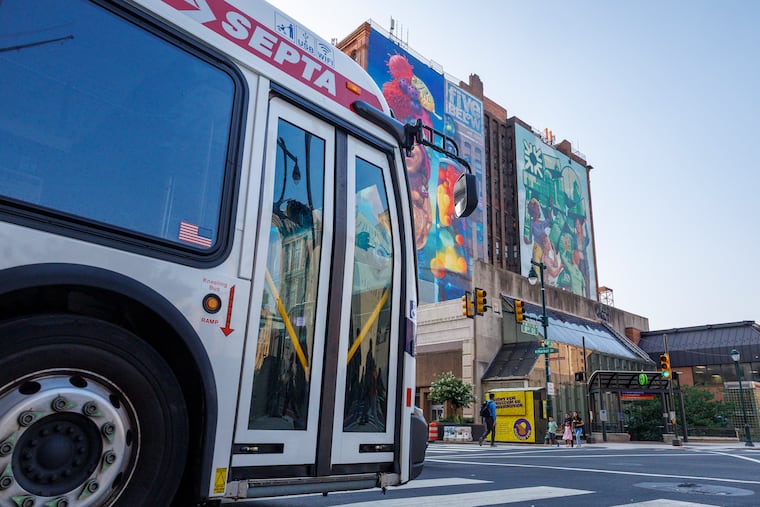 The SEPTA 61 bus heading south on North Eighth Street above Market Street in Center City.
