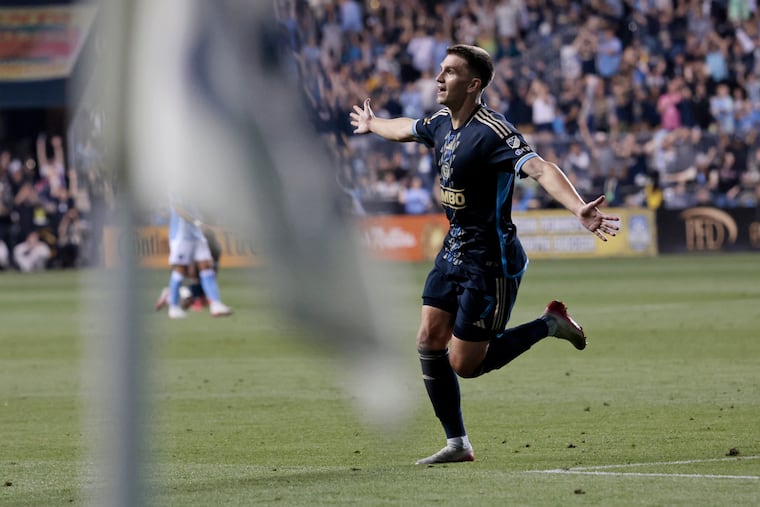 Mikael Uhre celebrates his goal for the Union in the first half.