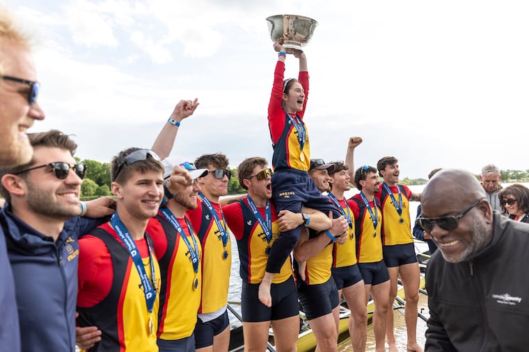 Drexel celebrates its victory in the men's varsity eight at the 2024 Dad Vail Regatta on the Cooper River.