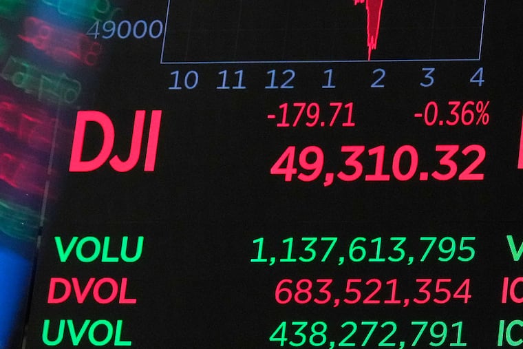 A board above the floor of the New York Stock Exchange displays the closing number for the Dow Jones Industrial Average on Thursday, April 23, 2026.