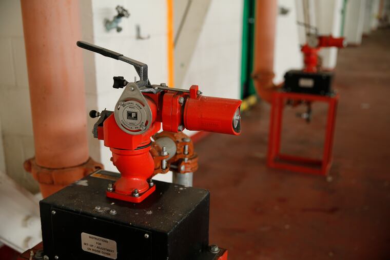 One of the many nozzles used to spread the fire retardant foam in Hanger #175 at the Willow Grove Naval Air Station in Horsham, which was examined for water contamination in June 2016.