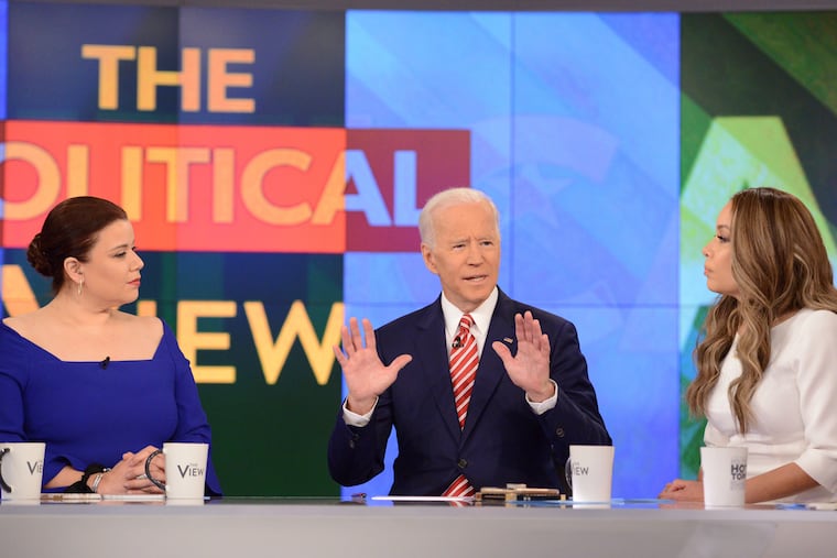 This image released by ABC shows Democratic presidential candidate Joe Biden with cohosts Ana Navarro (left) and Sunny Hostin during an appearance on "The View," Friday, April 26, 2019. (Lorenzo Bevilaqua / ABC via AP)