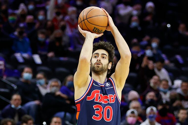 Sixers guard Furkan Korkmaz shooting the basketball against the Atlanta Hawks on Dec. 23.