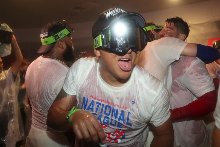 Phillies pitcher Ranger Suarez celebrates after the Phillies beat the San Diego Padres for the National League Championship on Sunday, October 23, 2022 in Philadelphia.