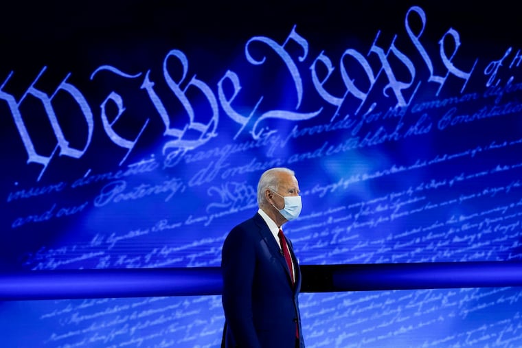 Democratic presidential nominee Joe Biden at the start of an Oct. 15 ABC News town hall at the National Constitution Center in Philadelphia.