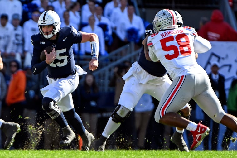 Penn State quarterback Drew Allar (15) threw for 146 yards against Ohio State, but couldn't convert a touchdown.