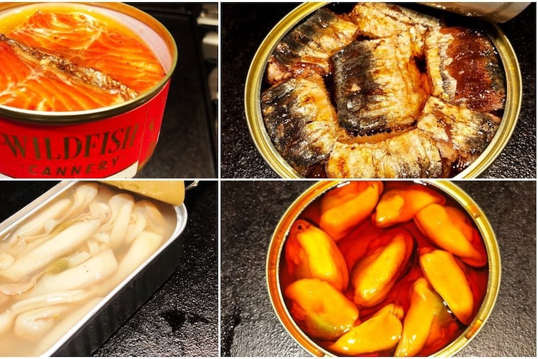 A selection of tinned seafood available in Philadelphia includes, clockwise from top left, smoked Alaskan king salmon from Wildfish Cannery, charcoal-grilled sardines from Conservas Braseadas Güeyu Mar in Spain, fried mussels in escabeche from Ramon Pena and Espinaler's trimmed Spanish razor clams.