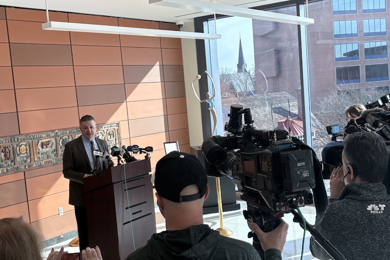 Defense attorney Donald Souders speaks with reporters after a hearing for his teenage client at the Bucks County courthouse.