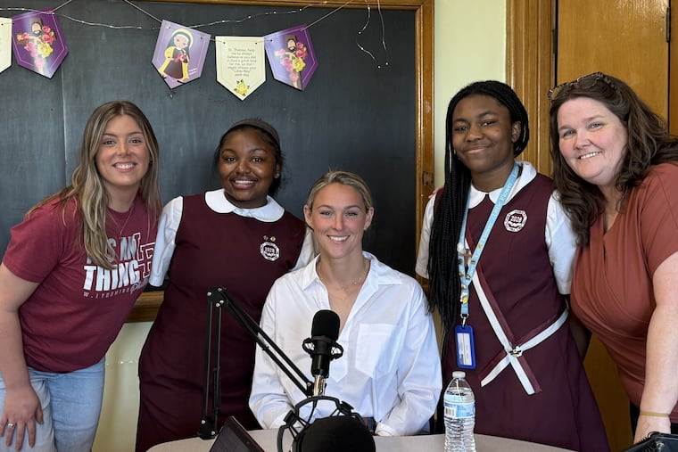 Kylie Kelce with (L-R) Renee Kueny, coordinator of the Klarich Center, sophomores Cydney Booker and Destiny Rowell and Little Flower President Kristie Hughes Dugan.
