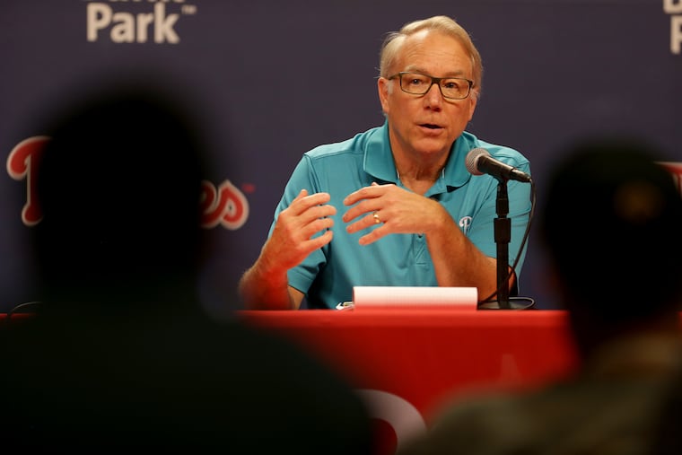 Andy MacPhail, Phillies President, talks about the season during a news conference at Citizens Bank Park on Tuesday.