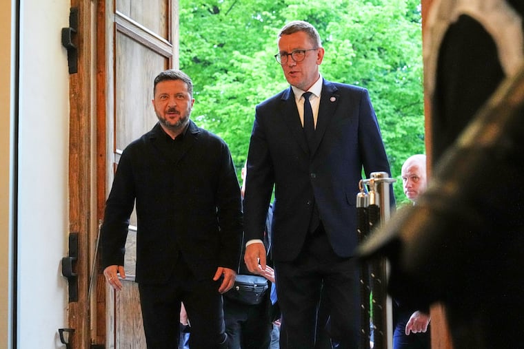 Estonia's Prime Minister Kristen Michal (right) and Ukraine's President Volodymyr Zelensky attend a Nordic and Baltic countries meeting in Tallinn, Estonia, on Tuesday.