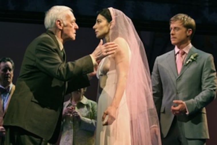 John Mahoney (left), Annie Parisse and Alan Tudyk in "Prelude to a Kiss," in which the lives of two newlyweds and an old man change dramatically after a mysterious encounter.