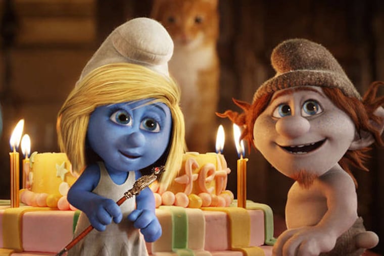 Smurfette (Katy Perry), and Hackus (J.B. Smoove) in "The Smurfs 2." (Sony Pictures Animation)
