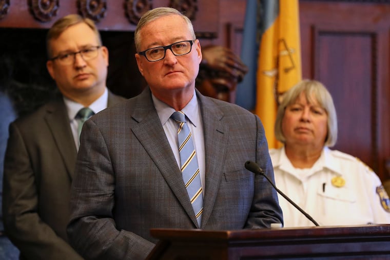 Mayor Jim Kenney speaks during a press conference regarding the resignation of Philadelphia Police Commissioner Richard Ross next to Managing Director Brian Abernathy, center, and new acting police commissioner Christine Coulter at Philadelphia City Hall on Wednesday, Aug. 21, 2019.