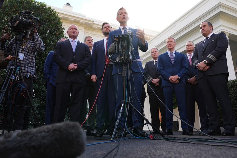 Transportation Secretary Sean Duffy speaks to the media alongside President of the International Brotherhood of Teamsters Sean O'Brien, President and CEO of Airlines for America Chris Sununu, Vice President JD Vance and aviation industry representatives about the impact of the government shutdown on the aviation industry outside of the West Wing of the White House in October in Washington.