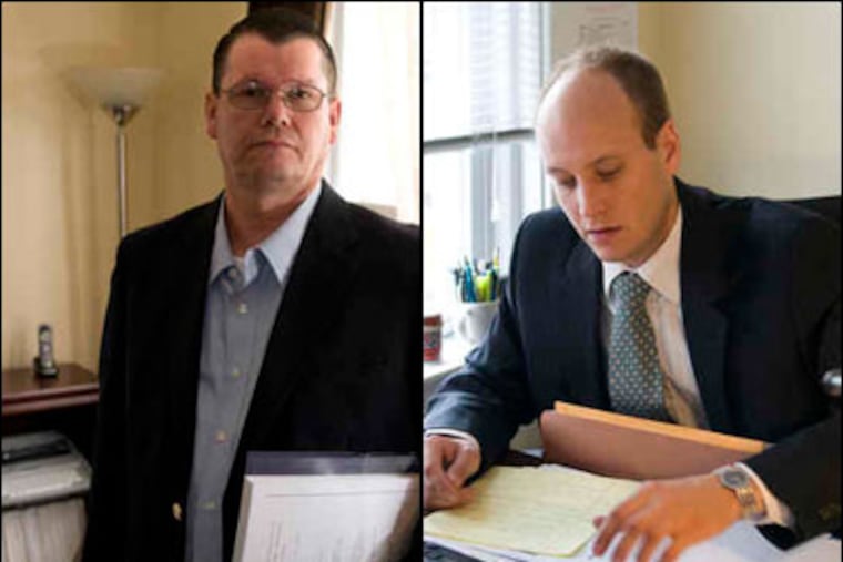 Francis Burke, left, shown in his attorney's office, says Cheltenham police assaulted him and then retaliated when he complained. Attorney Daniel Pallen, right, calls his client's treatment by police "downright scary."