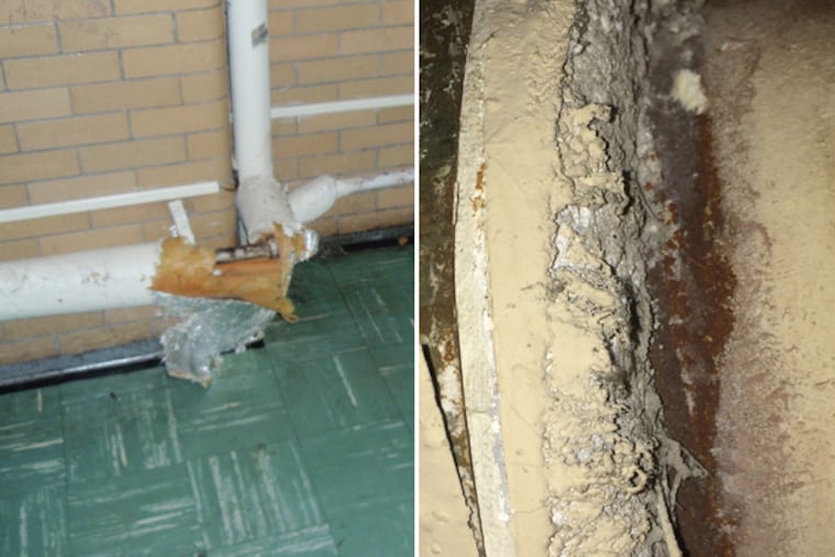 Exposed insulation (left) was found at Beeber Middle School in West Philadelphia. Exposed asbestos (right) was found at Key Elementary in South Philadelphia.