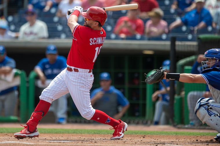 Kyle Schwarber lines out in his first spring at-bat as a Phillie in the first inning on Wednesday.