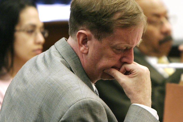 In this 2005 file photo, Jonathan Nyce listens to police audio tape played at the Mercer County Court House in Trenton during his trial for the murder of his wife Michelle Rivera, for which he served eight years in prison. Nyce was sentenced to prison again Friday for a new scheme involving selling fake cancer drugs to dog owners.
