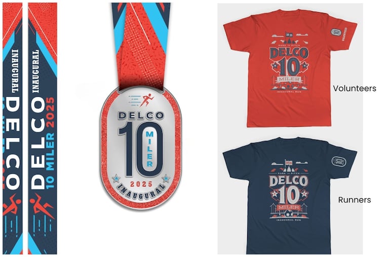 Participants in the Delco 10 miler on Sunday, September 28, 2025 will receive these medals and T-shirts.