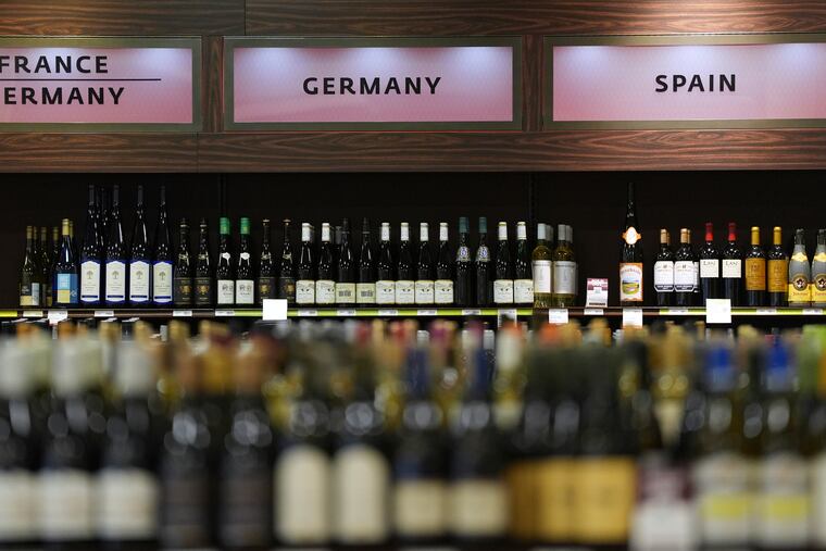 Shown is a display of French Germany and Spanish wines at a Pennsylvania Fine Wine & Good Spirits in Flourtown, Pa., Thursday, March 13, 2025. (AP Photo/Matt Rourke)