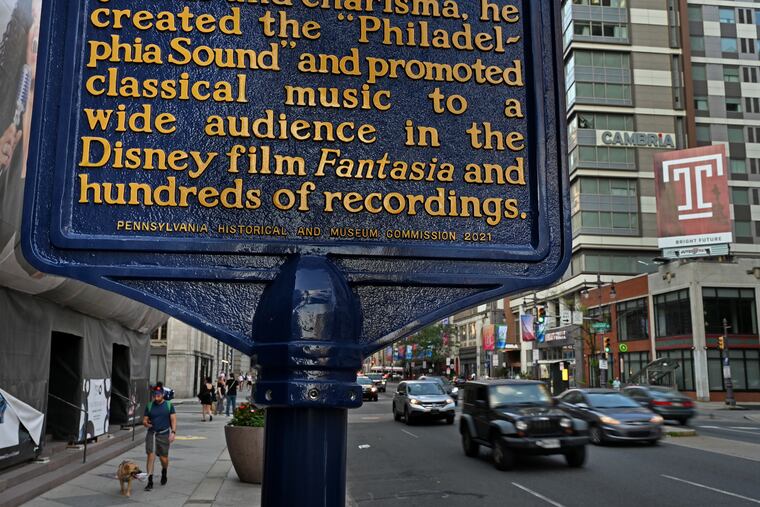 A Pennsylvania Historical and Museum Commission marker for Leopold Stokowski on Avenue of the Arts. The commission has temporarily paused its historical marker program, meaning that Pennsylvanians won’t see any of those iconic blue-and-gold markers cropping up any time soon.
